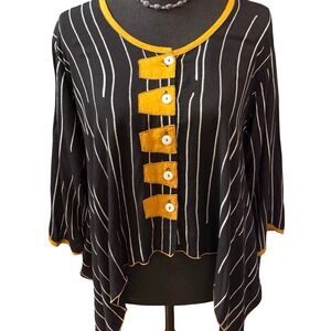 Lyng wearable art blouse Women's S Black Stripe Mustard Button Front Artsy Flowy